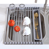 Roll Up Dish Drying Rack, Expandable (12.8"-23.8" D x 12.8" W) Stainless Steel Portable Drainer for 
