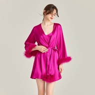 Gp ใหม่ ผ้าไหม ผ้าซาติน Nightgown งานแต่งงาน Morning Robe สําหรับเจ้าสาวตุรกี Feather Trim สวมใส่สบา