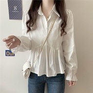 Korean Blouse Women Solid Color Pleated Long Sleeve Shirt All Match Casual Baju Blause Wanita