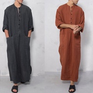 เสื้อคลุมอาหรับสไตล์อิสลามสำหรับผู้ชายเสื้อคลุมแขนยาวล้วนมีกระเป๋าเสื้อมุสลิมวินเทจ