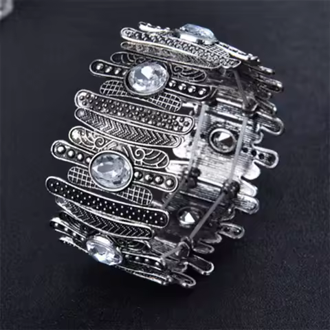 Punk Vintage Bracelet For Women Ancient Silver color Bohemia Concave Metal Rhinestones Crystal Brace