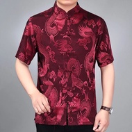 Silk Satin Shirt Plus Size Embroidery Dragon Tang Suit SamFu Short Sleeve Tang Suit Men Clothes Dad 