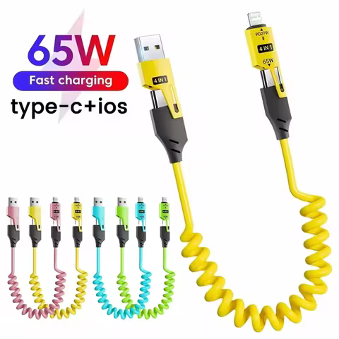 65W Quick Charger Spring USB Cable 4 in 1 Spring Data Cable 6A USB Type C Spring Telescopic Wire for