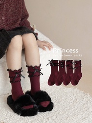 Girls Cotton Socks Mid-Calf Festival Butterfly Knot Princess Red Color Autumn Winter Children's Anka