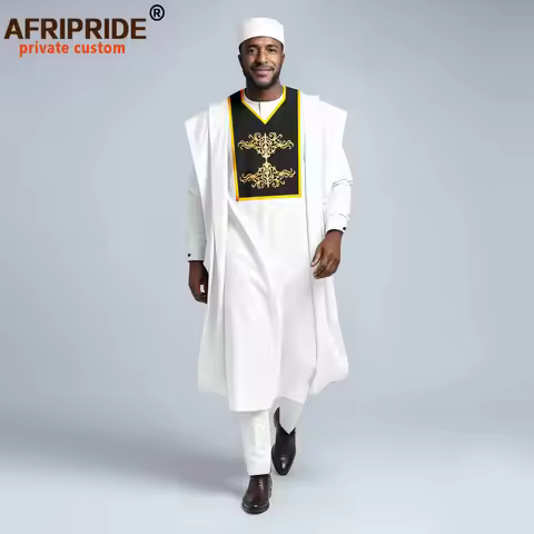 African Clothes for Men Embroidery Agbada Robe Shirts Pants and Tribal Hats 4 Pieces Set Traditional