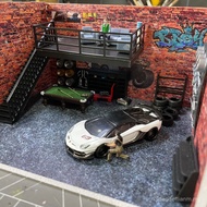 1: 64 Garage Scene Tire Holder Tool Table Red Brick Graffiti Version American Garage 6G8A