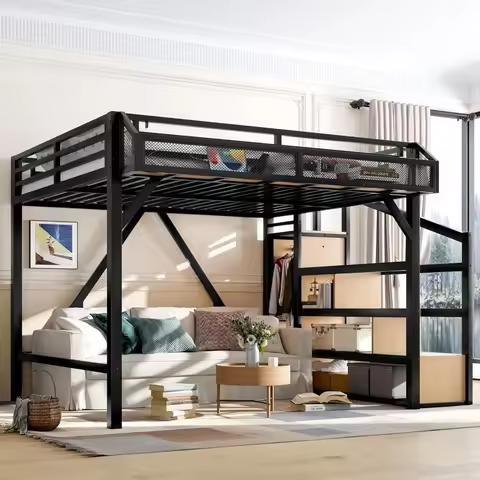 Queen Size Loft Bed with Stairs and Wardrobe, Heavy Duty Loft Bed Frame with LED Lights and Charging
