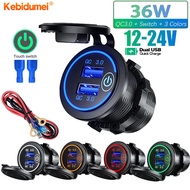 Kebidumei Car Dual USB Charger Outlet with Switch Touch LED Light Waterproof Car USB Phone Charger 12V-24V USB Car Phone Charger QC3.0 USB Car Socket Fast Charger