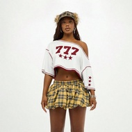 Varsity Style Off Shoulder Crop T Shirt 777 Star Graphic Raw Edge Half Sleeve Casual Summer Festival