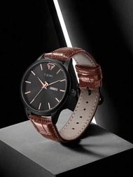Tomi男士皮革表帶手錶,雙日曆竹紋皮革表帶防水手錶,適用於日常使用