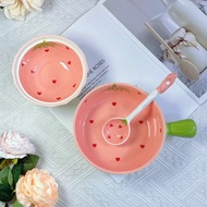 Ceramic Bowl Set with Strawberry Shaped Spoon (1 Flat Bowl + 1 Small Bowl + 1 Spoon)