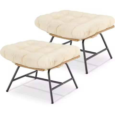 Indoor Outdoor Ottoman Set of 2, Large Wide Double Patio Footstool, PE Rattan Thicken Cushioned Foot