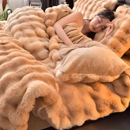 Colorful Rabbit Plush Bed Set with Four Pieces Winter Thick Milk Velvet Duvet Cover Double Sided Vel