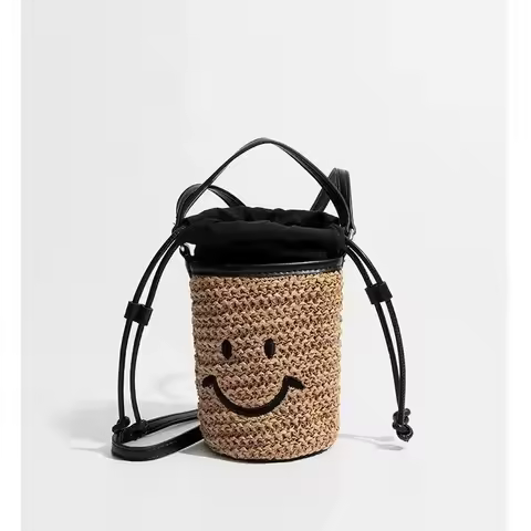 2024 new Gao Yuanyuan same cute woven smiley face bag straw woven mobile phone bag drawstring portab