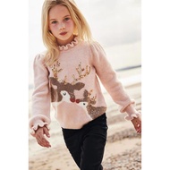 Ready Stock UK next Girl Baby Girl Cute Christmas Deer Sequined Lace Collar Sweater Knitwear Pullove