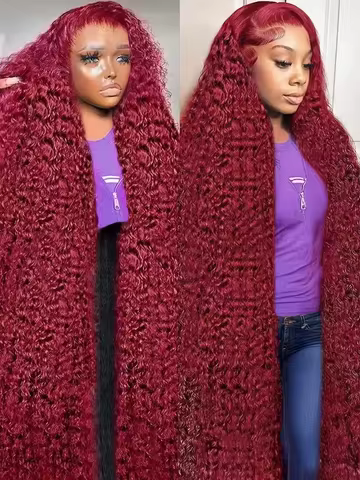 46 Inch Deep Wave 99j Burgundy Curly Wig 13x6 Lace Frontal 220% Density Red Colored Human Hair 13x4 