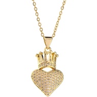 14K Yellow Gold Heart Crown Necklace - 14K Yellow Gold Royal Charm Crown Necklace with Chain for Wom