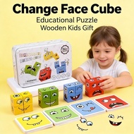 Building Blocks Cube Face Family Games Expression Wooden Puzzle Board Educational Toy