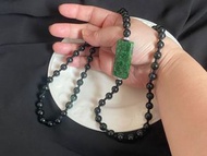 翡翠頸珠 黑花青珠配長方花青柱頸錬 翡翠吊墜 手珠