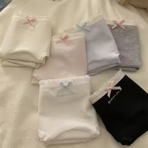 6Pcs Bow Knot Girls Panties, Soft Breathable Cotton Panties, Mid Waist Solid Color Underwear Teen Gi