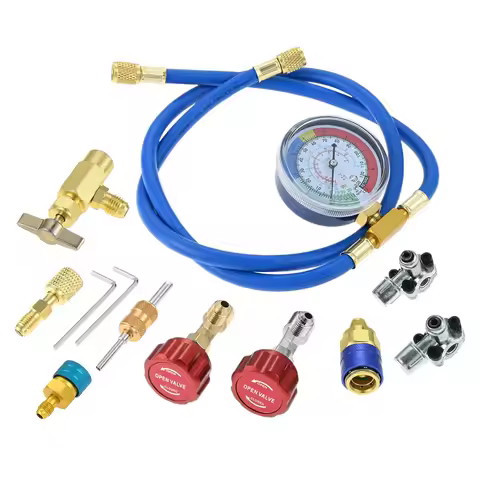 AC R134A R1234YF Refrigerant Recharge Hose Kit Gauge Set with Bullet Piercing Valve R1234yf Can Taps
