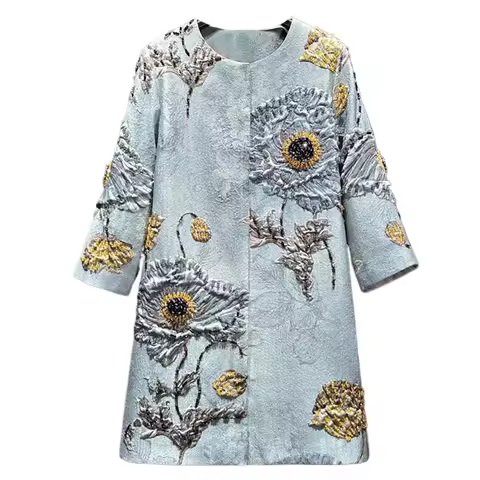 2025 Luxury Girls Vintage Embroidery Jacket Women Floral Beading Long Coat Wide Waisted O-neck Outwe