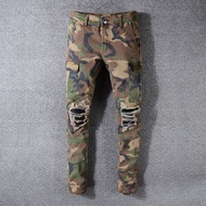 American Streetwear Fashion Men Jeans Camouflage Military Big Pocket Denim Cargo Pants Ripped Jeans Slim Fit Hip Hop Jeans Men