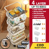Metal 4 Tier Trolley with Basket For Kitchen Rack Cart Baby Storage Rack + Wheels Bathroom Shelf 4 Layer Storage Trolley