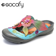 picturesque CozyNest SOCOFY รองเท้ากันลื่นหนังแท้รองเท้าผู้หญิงแบบสวมสไตล์ย้อนยุคปักลวดลายดอกไม้รองเท้าแตะแบบตะขอปรับได้ A