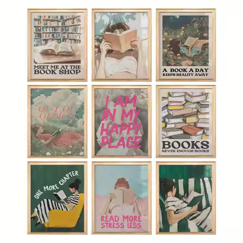 Book and Girl Art Poster Vintage Reading Canvas Paintings for Book Lover Inspirational Wall Decor Bo