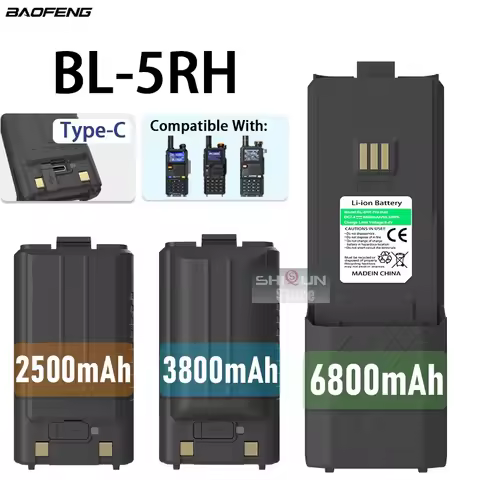 UV-5RH Pro Walklie Talkie Battery 2500/3800/6800mah High Capacity Type-C USB Charger For Baofeng UV-