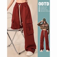 ZD Plus size wide leg cargo red pants for women street Korean style summer High waist casual straight pants