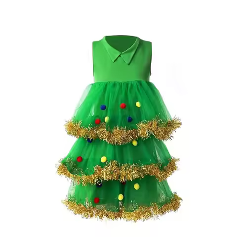 Women's Christmas Tree Costumes Tinsel Trim Christmas Tree Hat Dress Stockings and Bag 4 Pcs Set
