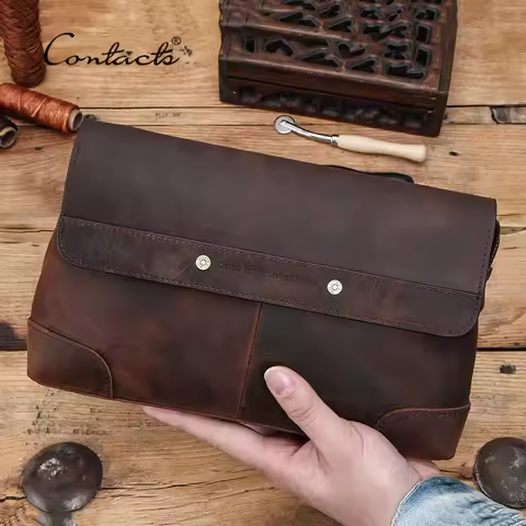 CONTACT'S Men Clutch Bags Large Capacity Men Wallets Crazy Horse Leather Long Purse Male Multifuncti