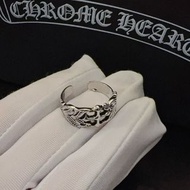 CHROME HEARTS 克羅心銀色羽毛戒指 復古紋路設計 925純銀飾品