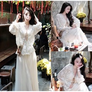 FAT CAT BIGSIZE 60-90kg — Set of V-neck long-sleeved lace top + bra + long mesh skirt bigsize 60-90k