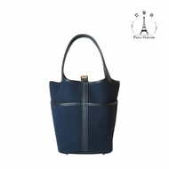 【巴黎站二手名牌專賣店】＊現貨＊HERMES 愛馬仕 真品＊U刻 PICOTIN 18深藍色帆布金釦手提包 菜籃子