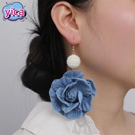 YICA Denim Blue Fabric Earrings, Handmade Denims Blue Rose Earrings, Exaggerate Ornament Flower Earr