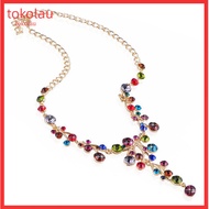 Women Fashion Multicolor Rhinestone Y-shaped Branch Bib Collar Chain Necklace