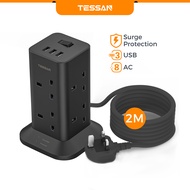 TESSAN 13A Long Extension Plug Tower 2M/3M/5M/10M Switch Power Socket Extension With USB-C Surge Pro