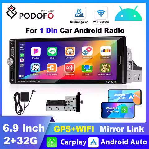 Podofo 6.9"Android 1DIN Car Stereo GPS navigation Bluetooth USB player Support Wireless CarPlay Andr