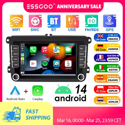 ESSGOO 7" Android 14 4G+64G Apple Carplay ChatGPT Car Stereo GPS WIFI RDS BT for VW Golf 5 6 Passat 