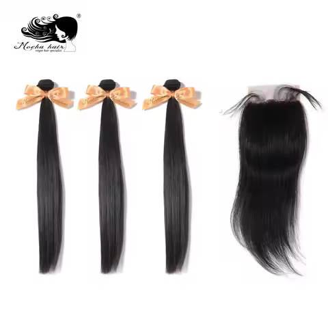 MOCHA Hair 10A Brazilian Straight Virgin Hair 3 Bundles With One 4* 4 Lace Closure 100% Human Hair F