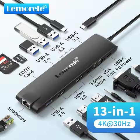 Lemorele 4K USB Hub USB C to Dual HDMI VGA Gigabit Docking Station USB 3.0 VGA Adapter SD Card Reade