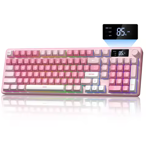 WOMIER DK98pro Pink 98 Key Membrane Keyboard Green RGB Backlight with Screen 3 Modes Wireless Blueto