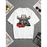 White T-Shirt, 100% Cotton, Featuring a Striking "7-Eleven" Print with Classic Cars Design.Perfect f