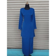 [New Design]Baju Kurung Moden Pesak Riau Royal Blue Biru Pekat Kain Royal King Plain Berbatu Iron
