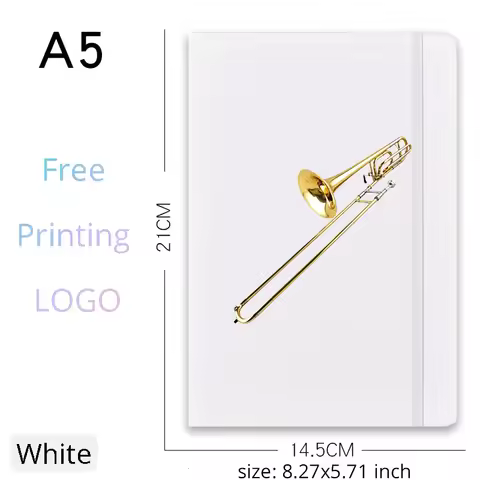 1Pc Personalized Trombone A5 Musical Notebook, Custom Text Logo Design White Journal with Elastic Ba