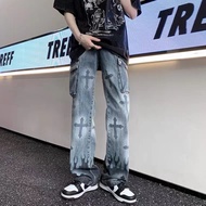 [WANDERLAND]กางเกงยีนส์ผู้ชาย ขากระบอก ทรงหลวม ทรงตรง พิมพ์ลายแฟชั่น สไตล์เกาหลี กางเกงสตรีท baggy j
