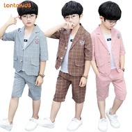 lontakids เด็กเด็กฤดูร้อนเสื้อแขนสั้นลายสก๊อตสีชมพูสีเทา Blazer เสื้อแจ็คเก็ตสั้นกางเกงชุดชุดแต่งงาน